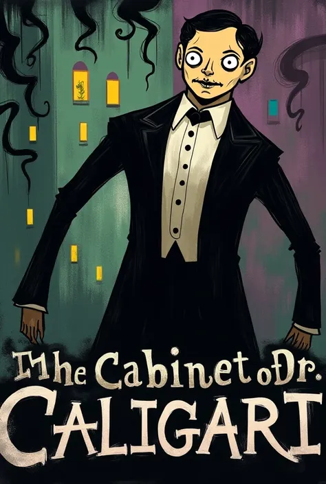 "Poster for The Cabinet of Dr. .  Caligari in cartoon style with impressionist and expressionist touches . the characters, like Dr. .  Caligari and Cesare ,  they are drawn in a simple but exaggerated way ,  with big eyes and dramatic expressions .  The ba...