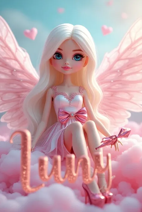 The most beautiful Valentines day Angel 8k Barbie style full body looking so real with incredible beauty like goodness with incredible big eyes color turquoise crystalline with straight hair color white and amazing clothes color rose and white and silver c...