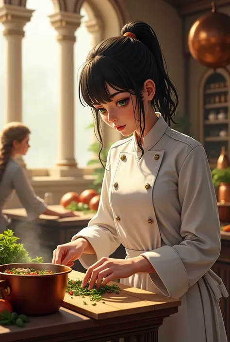  black-haired girl , king , cooking healthy food
