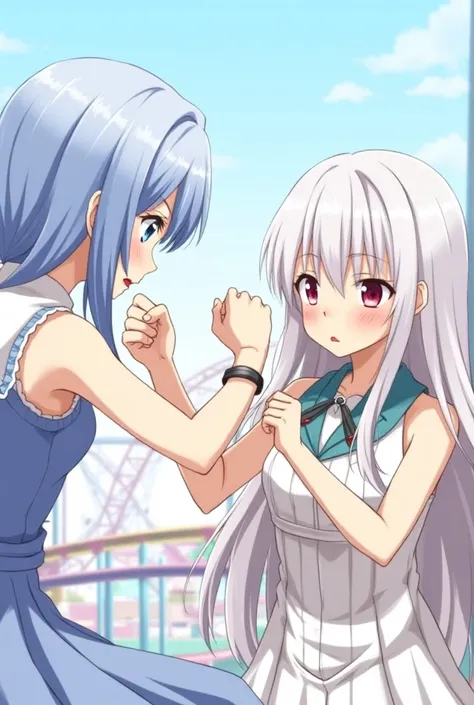 anime, Beautiful woman, long white hair, Right eye color red ,  left eye color blue, blushing cheeks, Clashing fists with a woman of the same height with short blue hair with blue eyes and a white dress with light blue details, amusement park.