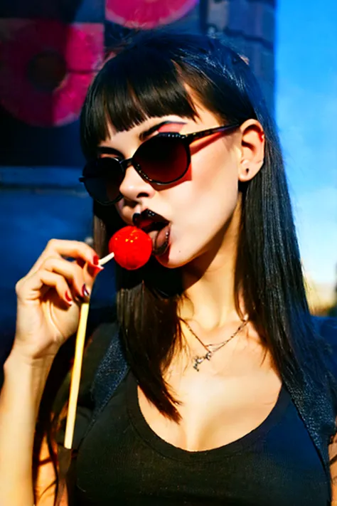 (work of art, best qualityer:1.2), 1 girl, standing alone, high qualiy raw photograph of a young (((goth girl, licking a red lol...