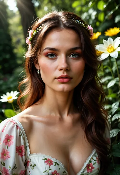 A beautiful girl in a lush, enchanted garden, delicate flowers blooming all around her, (best quality,4k,8k,highres,masterpiece:1.2),ultra-detailed,(realistic,photorealistic,photo-realistic:1.37),HDR,UHD,studio lighting,extremely detailed eyes and face,lon...