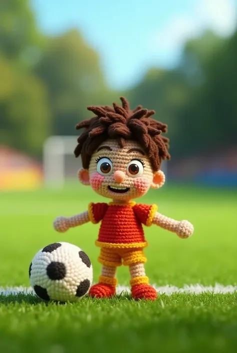 Disney Pixar crochet boy playing with boll in football ground 