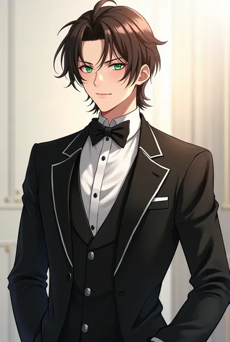 Anime style, full body, an adult man with medim length brown hair, emerald green eyes, a built figure, wearing an elegant black suit, matching tailcoat with silver trim, blushing, smiling