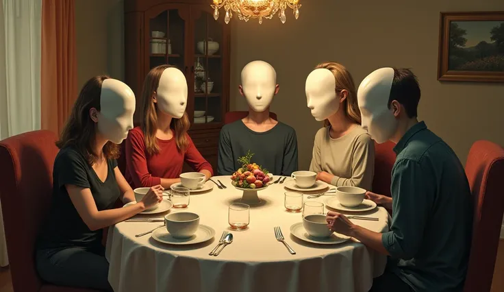 Family having dinner ,  everyone without a head