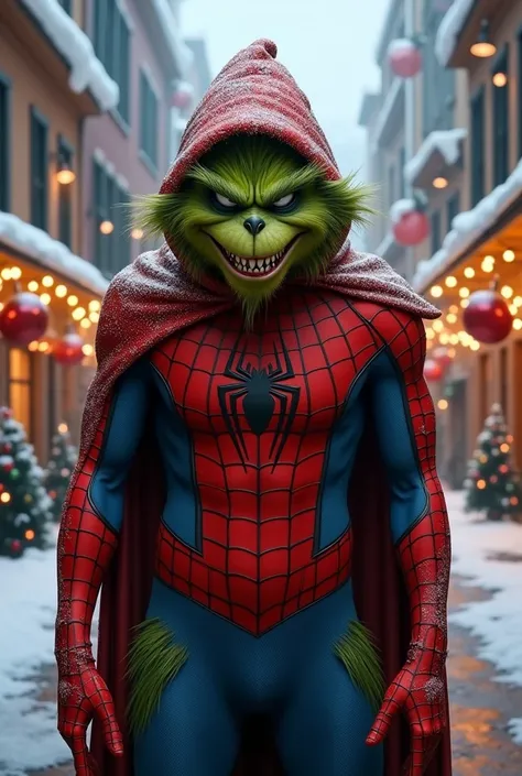 Grinch disguised as Spider-Man at Christmas 
