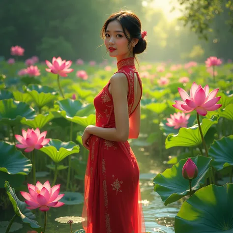 Create a full-body 4K painting, head to toe, of a young Thai woman in a bright red traditional Thai dress, in a field of colorful lotus flowers, in a small pond, in the early morning light.