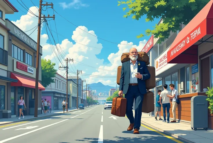  Hi-Res, accurate, Best Quality,  widescreen ,  illustration,  anime style, 1oldman, carrying plenty of bags, walking street, to airport, bald head, stubble beared, on business trip, drinking coffee at milkbar, 