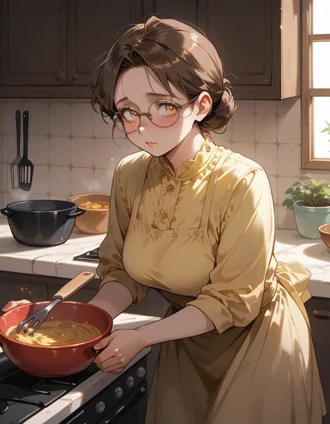 A mature woman with brown hair, amber eyes, housewife, preparing spagetti, cooking, kitchen, warm light, afternoon, shy gaze, adorable, wrinkles, glasses, bun, white appron, skirt, yellow blouse