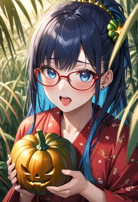 (best masterpiece, high resolution:1.5), (8K, RAW photo, fisheye effect, perfect anatomy, golden ratio:1.3), pointillism, professional photography, gaze, lone Japanese idol, (realistic:0.5 ), (eating green pumpkin: 1.5), (green pumpkin pattern, red yukata:...