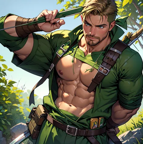 8k, high quality , detailed face , detailed fingers ,detailed muscles  stephen amell as green arrow , wearing dark green outfit   , showing a dark blond short hair , a thick facial hair , hard nipples, a bulge ,hunk and handsome, aiming with his bow and ar...