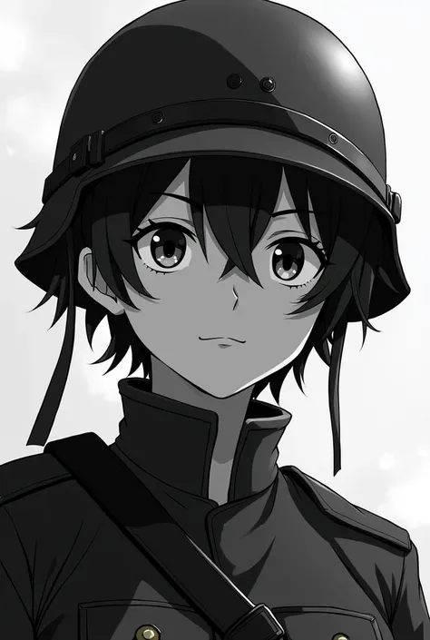 (Anime). Teen (18 years old) soldier doesnt wear helmet. Black and white