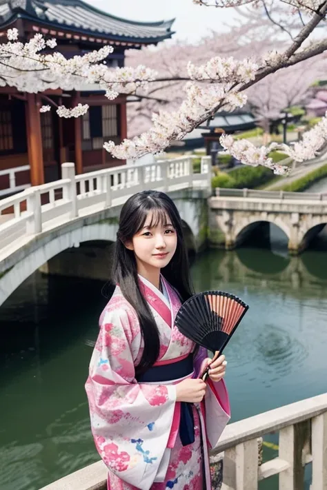  long black hair and a person wearing a traditional kimono standing beside the 、Holding a fan in his hand、 balustrade。Picture a scene with cherry blossoms in full bloom and a bridge in the background 、A few people 々 crossing the bridge 。
