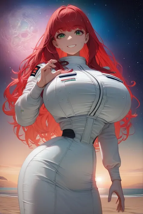 front ((1girl, green eyes, long red hair, bangs, big hipps, huge breasts, big neckline, smile, very happy)), ((wear white detailed space uniform, white skirt))((shes wet with sweat all over her body)), ((in beach))((thin waist)), ((detailed texture, beauti...