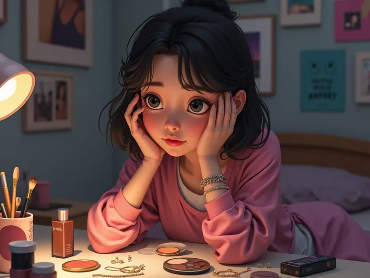 realistic, teenager playing with make-up and jewely in her bedroom