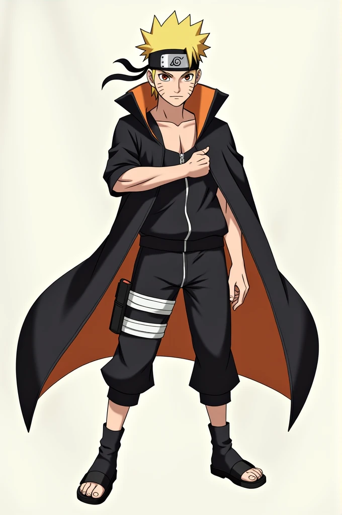 He has spiky blond hair and wears a ninja headband with the symbol of the Hidden Leaf Village (Konoha), Wears an all-black outfit with a long coat that has a cream-colored inner lining. His outfit is a signature orange and black jumpsuit with a high-collar...