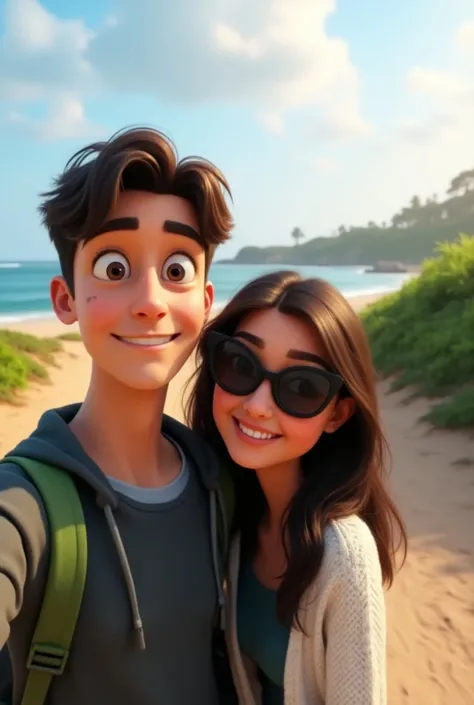  create an animated Disney Pixar mode image A photo taken outdoors on a dirt road near the beach.  a young man and a young woman smile at the camera in a selfie in the foreground .  The young man has short black hair ,  wears a dark sweatshirt and has a gr...