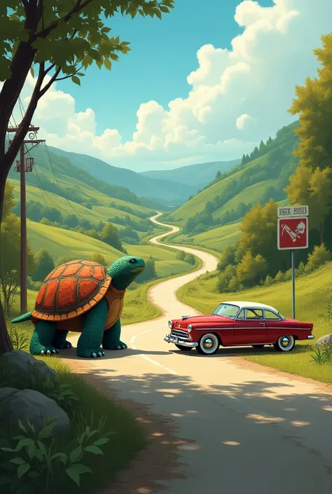 Create an image turtle and car which are together facing each other in a jt road