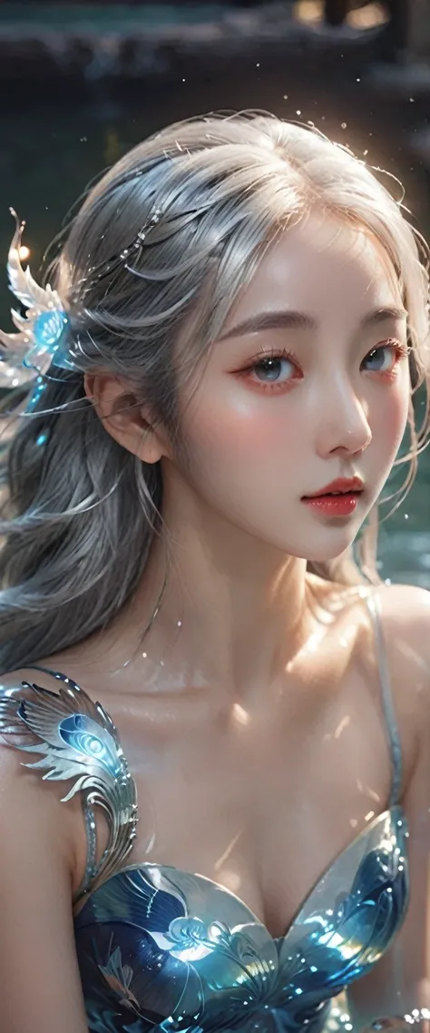 masterpiece, formal art, beauty, beautiful chinese woman, silver hair, phoenix maiden, beautiful fair-skinned woman with magic water around her, realistic illustration, glowing, (best quality,4k,8k,highres,masterpiece:1.2),ultra-detailed,(realistic,photore...