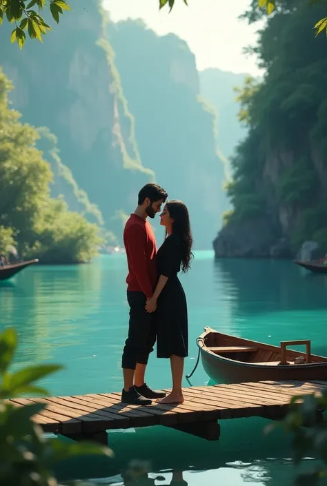 Pixar-style image in which a couple is in a lagoon and they are on a pier like a Titanic type and next to them two boats, them in black clothes, black hair and the boy in the red sweater