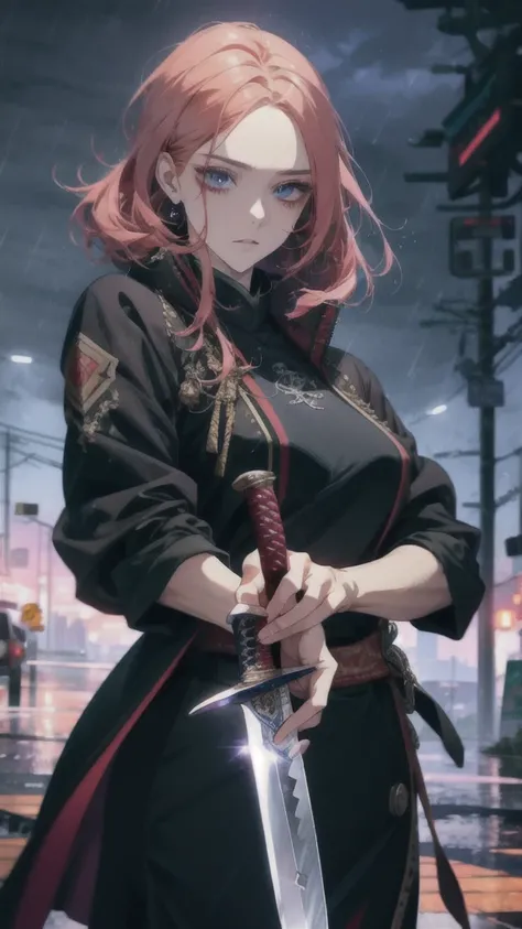  woman dressed in black holds a sword in the rain, Jan J, Amazing anime 8k,  Gweize-Inspired Artwork ,  Clear facial features ,  very beautiful cyberpunk samurai , knife, Fan Art The Best Art Station, she is holding a knife sword, Anime Style 4k,  rosswort...