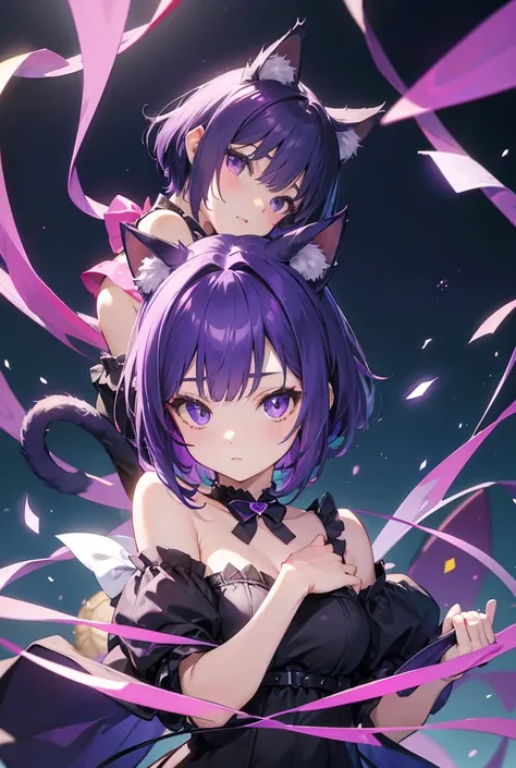 Cat ears、Purple Hair、 short hair、Off-the-shoulder mini dress、tail、 facing the front、1 person、 Hi-Res, Character portrait、Front of face、8k、