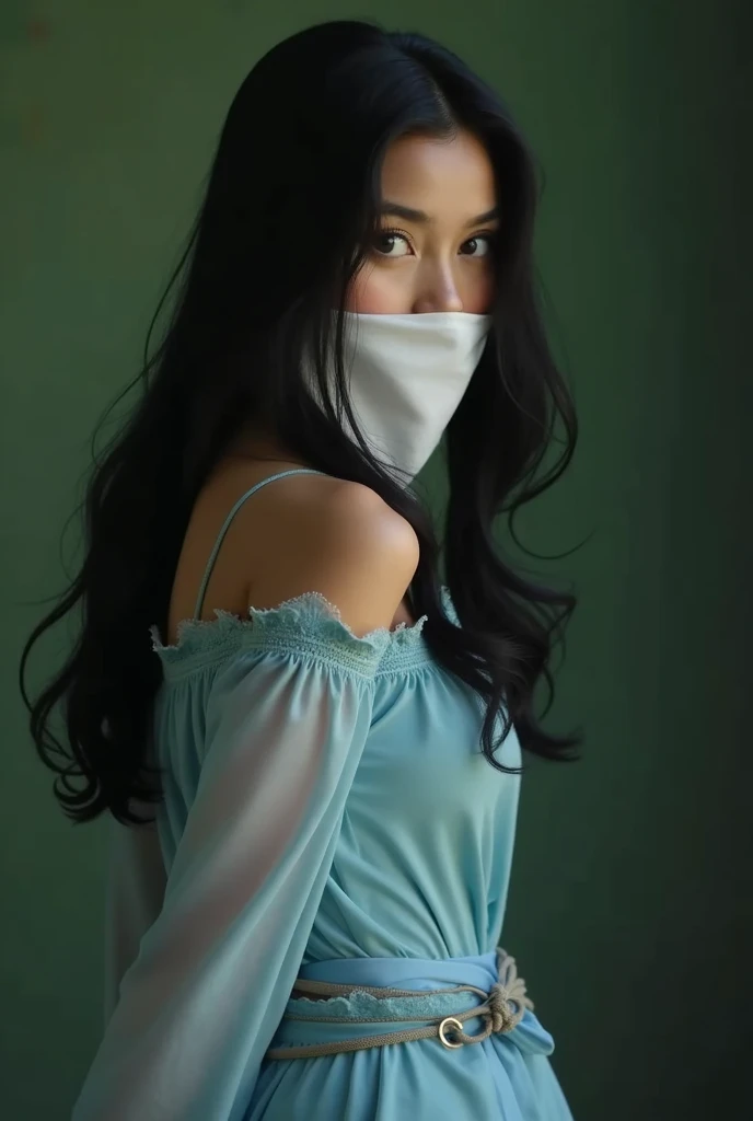 beautiful indonesian javanese adult girl from Salatiga city, black haired, shoulder long haired, in blue kebaya attire, hands tied up behind her back and mouth covered with white handkerchief. bright light, detailed face, Smile, Closed Mouth, Large breasts...