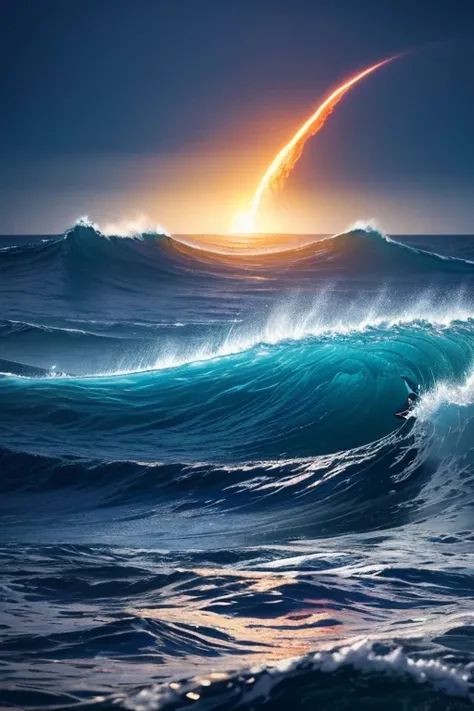 Express a scene where one person 、 waves of fire rising to the left 、 Please generate an illustration of balancing between light blue waves that curve inward on the right。 symbolize balance in chaos 。
