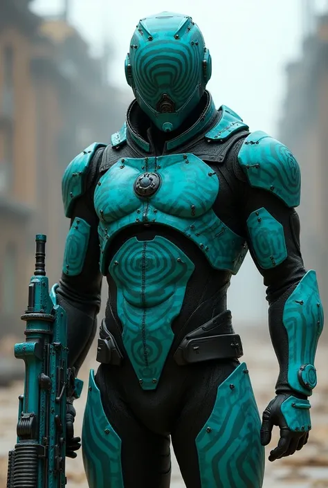 a man wearing turquoise and black vortex armor and helmet holding a machine gun in the shape of a dolphin but with inverted colers