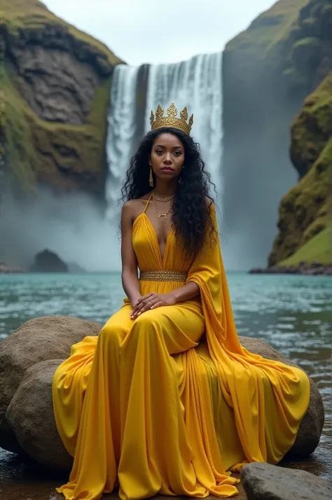 Mayo brown woman ,  long curly and black hair ,  in a long yellow dress with a golden crown ,  sitting on a stone on the banks of a river with a waterfall in the background and on each side of the waterfall there is a mountain