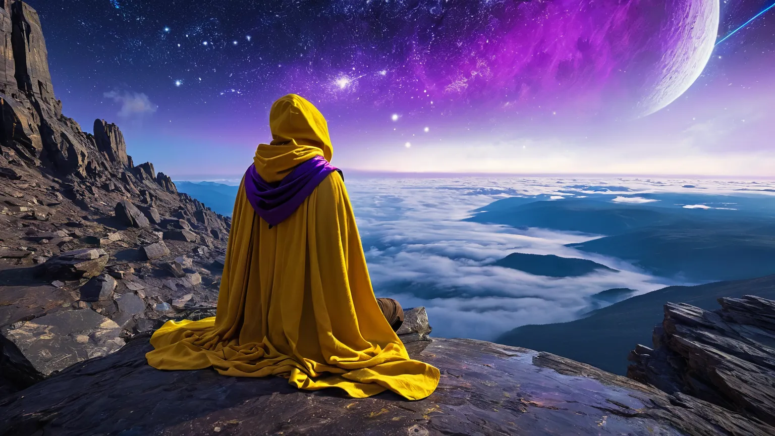 arcan3styl3v1, masterpiece, highcontrast, A jedi master with a ((yellow (old  ragged, cloak, hood, cape)) sitting on rock meditating, top of the mountain, clouds, top view,  star wars landscape.  yellow cloth, under the cape blue and purple, night time, sp...