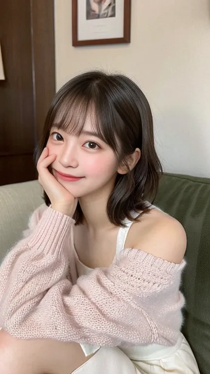 A cute, petite young woman with a soft and adorable presence. She has a round face with large, expressive eyes that have a slight sparkle, a gentle blush on her cheeks, and subtly glossy lips. Her straight-cut bangs frame her face, and her shoulder-length,...