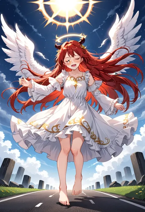 1girl, (anime art style:1.0), 2d, masterpiece, best quality, solo, closed eyes, tears running down face, red shin, white angel wings, gold halo above head, barefoot, falling from the sky, long white dress, long ruffled sleeves, long white hair, really long...