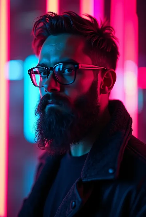 arafed image of a man with a beard and glasses, digital art inspired by Liam Wong, unsplash, digital art, neon operator, cyberpunk theme, in cyberpunk style, tech-noir, cyberpunk vibes, ( ( ( synthwave ) ) ), cyberpunk vibe, cyberpunk lut, ( ( cyberpunk ) ...