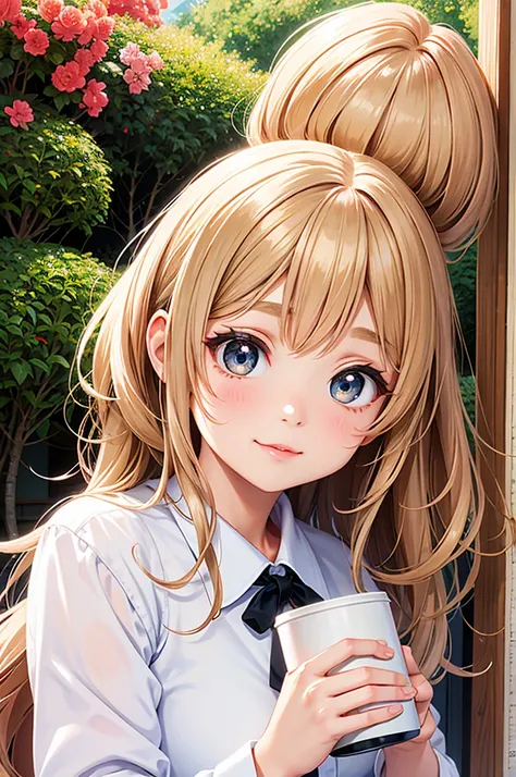   girl holding a coffee cup,  beautiful girls, cute, Beautiful Skin, Natural cute anime face, With a cute-cute face, , Young and beautiful face,  beautiful Japanese girl face , 茶色の髪とBig Eyes, Beautiful woman, Beautiful light、Big Eyes,32K,  super high defin...