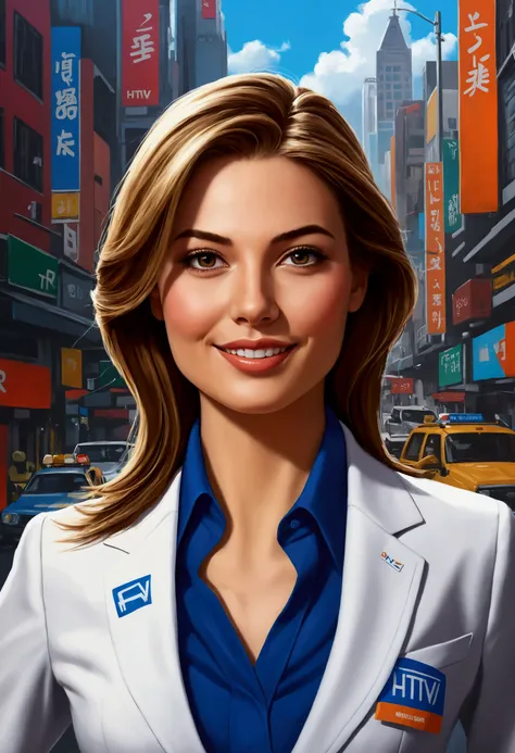 Create a high-resolution, photorealistic digital painting of an extremely beautiful female reporter. She is wearing a very dynamic reporter outfit with the HTV logo on her chest. Her expression is very cheerful and charming, showing her dedication to her w...