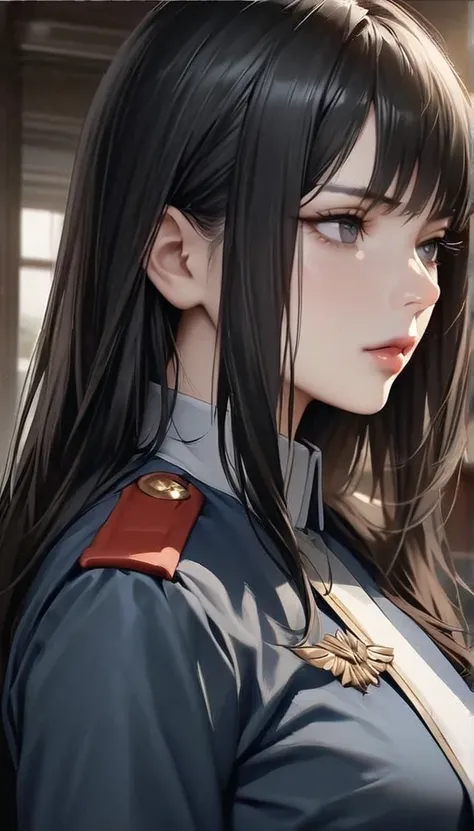 ( Highest resolution , unique_image)  best quality, Singles,  a woman,  alone, masterpiece,  Very detailed, Semi-realistic,  short black hair ,  dark hair ,  bangs, 18 years old,  mature, light blue military uniform, military uniform, Indoor background, Mi...