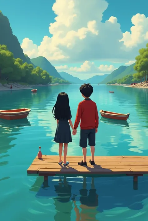 Pixar-style image in which a couple is in a lagoon and they are on a pier the boy in the back and she is in front and clutching their hands and next to them two boats, them with black outsides, black hair and the boy in the red sweater
