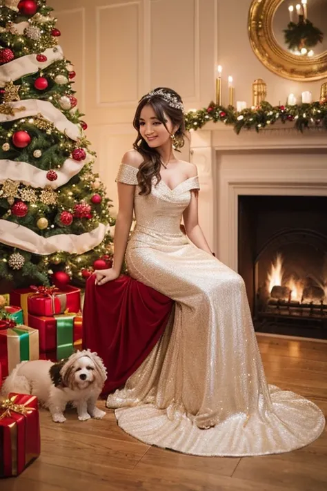 Picture a scene where a person in a gorgeous dress sits on the floor 、 draw a scene with 5 different breed dogs around。 The background has a Christmas tree and decorations 、It creates a festive atmosphere 。
