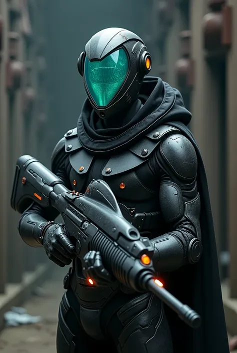 a man in black armor and a vortex helmet with a turquoise visor and the rest of the black helmet holding a machine gun in the shape of a dolphin but with inverted colers