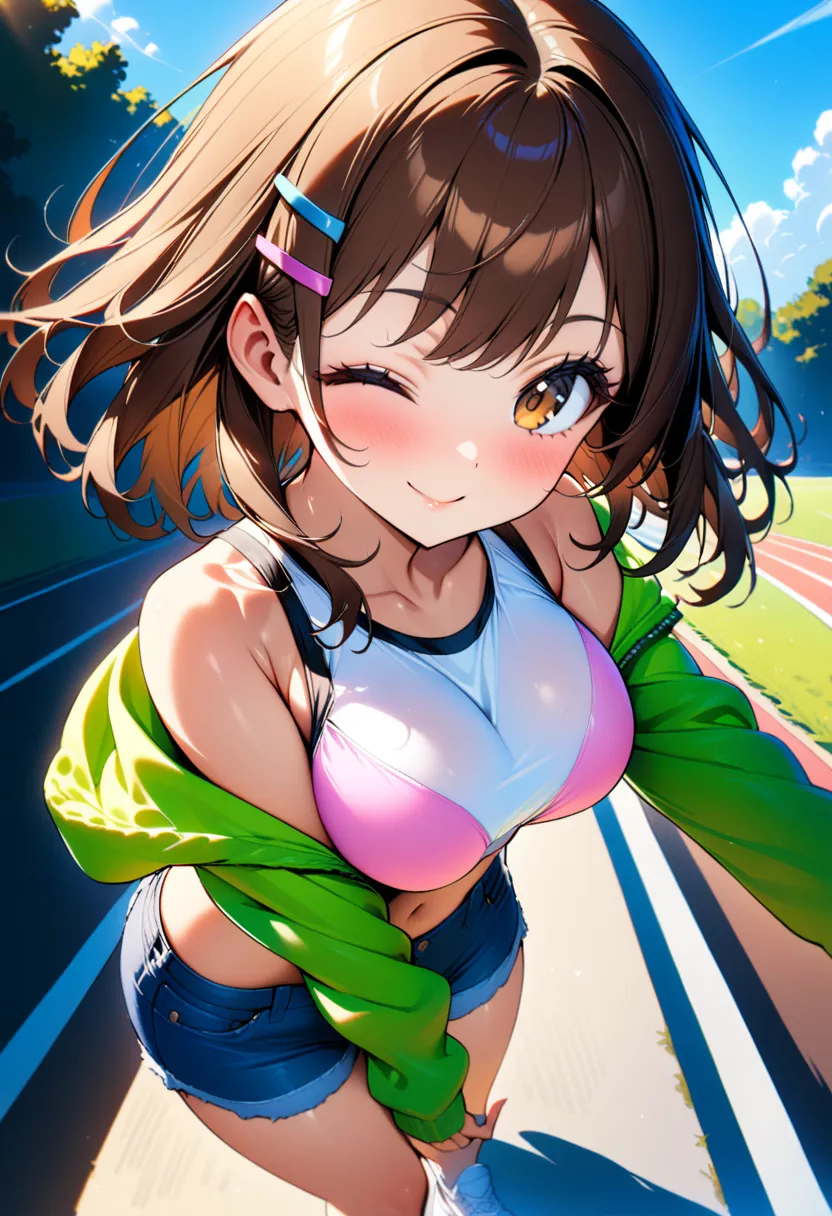 1girl, high school girl, (medium hair), (shoulder length hair:1.2), (wavy brown hair), colorful hairpins, (bright expressive bro...