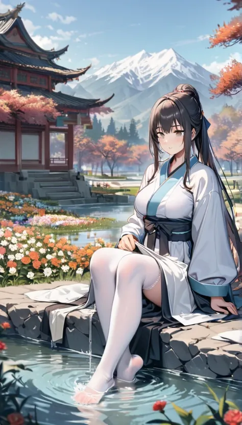 Hanfu, 1 Girl,  Medium Boobs , Lysis, Mountain, soaking foot, Sitting, Chinese Park Background, white stockings ,Shimizu,(foot:1.3), Too many flowers,  