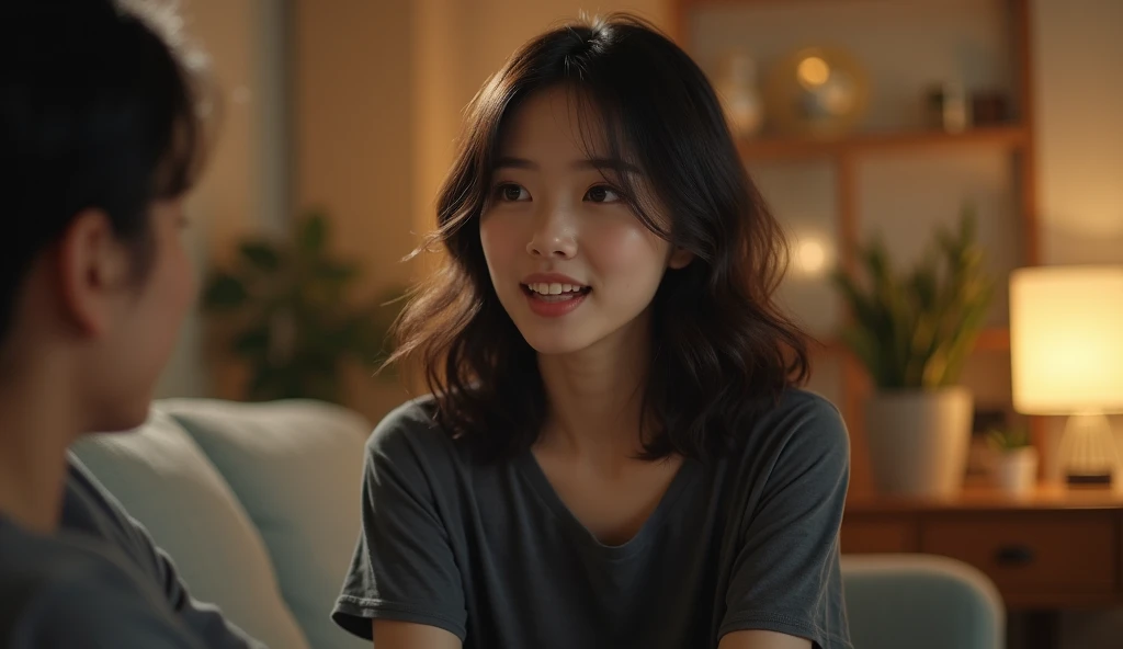 HD，8k quality， a 23 year old young girl ， looks like movie star Yuriko Yoshitaka，Wearing a dark grey t-shirt，jeans，Wavy hair ，Picture that looks like someone is talking to in the living room