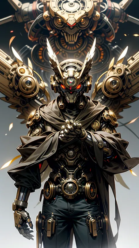 man,robot, ciborg, (humanide), half machine, Ultron, robotic wings, (gears), (steampunk), one-eyed, Red eye, robotic wings,(alas de owl), robot, human, owl, role character, nuchaku cone main weapon