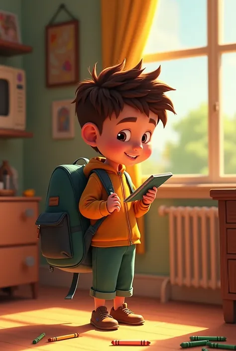  like the previous one ,  as a Pixar cartoon ,  illustrating the following scene : milo, A 10 year old boy, Checking your backpack, realizing that he had forgotten his crayons and scissors on the kitchen table but with a carefree attitude
