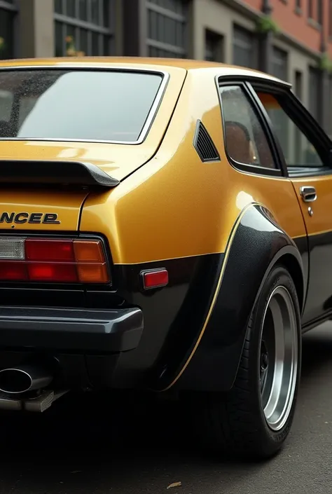 Back of a 1977 Mitsubishi Lancer half up gold half black down