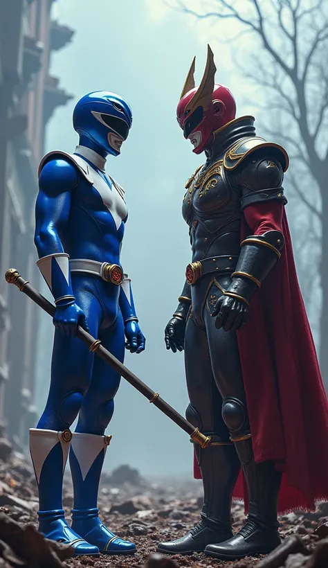 Crie uma imagem do Power Ranger Azul (Billy Cranston) e Lord Withedd se enfrentando frente a frente.

details:

 - Both must be in a heroic pose , with determined expressions.
 - The background must be a destroyed scene from Angel Grove or a post-apocalypt...