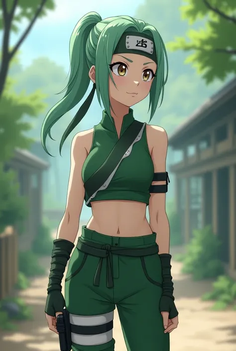 A 17-year-old girl from the anime Naruto who has mint green hair.  And a two-piece ninja costume .  and is a ninja and uses a ninja band from Leaf Village like Naruto. Be very pale white . light brown eyes.  that can be seen from head to toe 