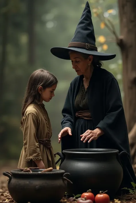 There was a witch grandmother with a witchs hat on her head and a big cauldron and next to the cauldron was a daughter wearing a tied scout dress