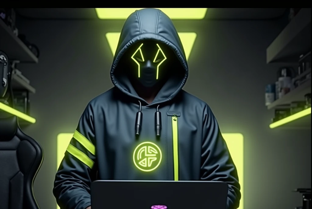 a Hooded male character in neon yellow, wearing a mask, sitting in a podcast studio on a modern desk in a gaming chair with his hand cant see behind macbook pro laptop, dark, dark style character, hacker